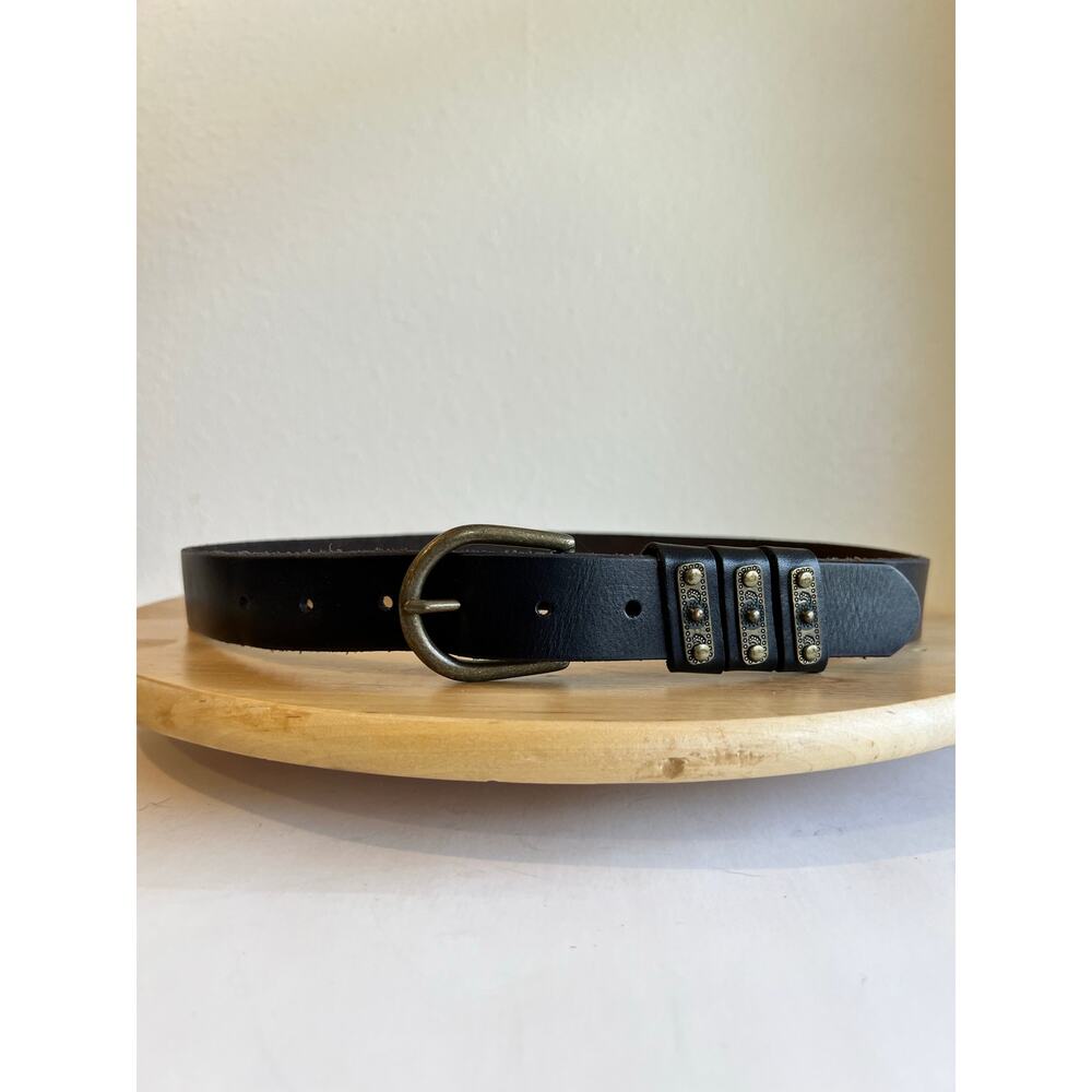 Black Genuine Leather Gold Studded Buckle Belt Size Medium